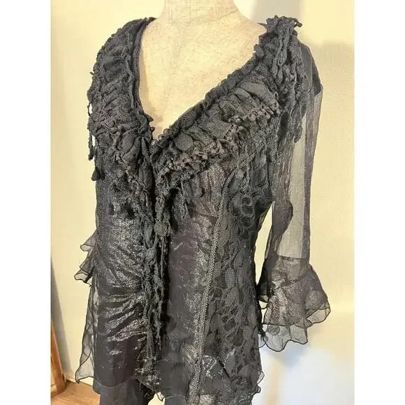 Elegant Black Sheer Ruffled Women's Blouse - Picture 1 of 6